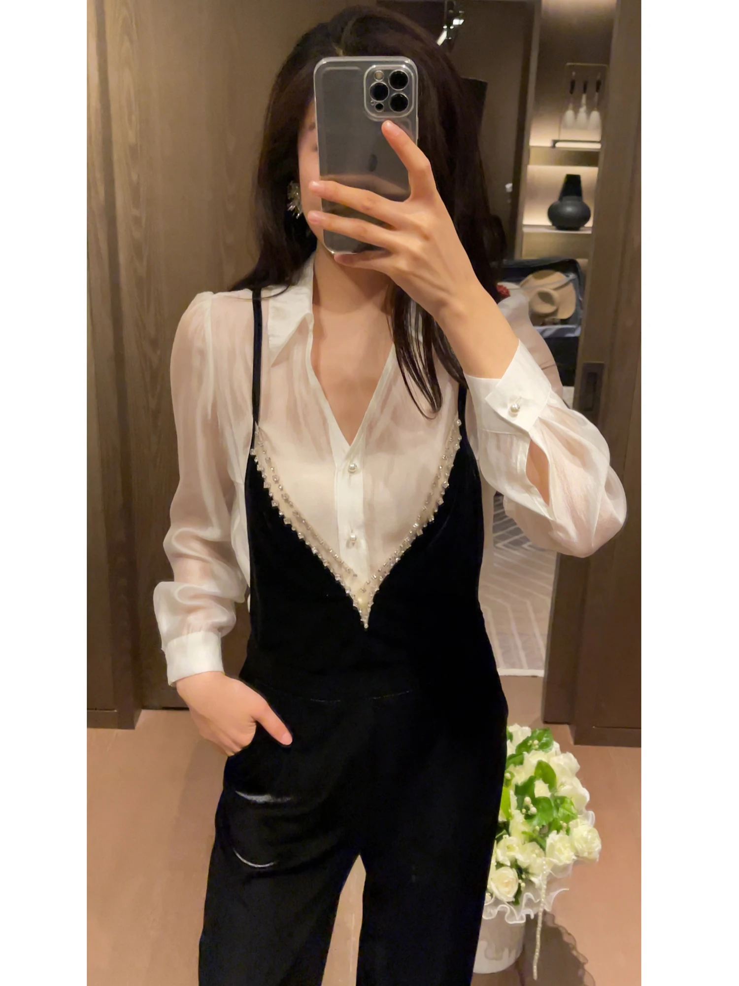 2NCOU Spring New V-neck Slimming Fashionable Long Sleeve Shirt Women's Micro-transparency Layered Wear Inner Wear Top