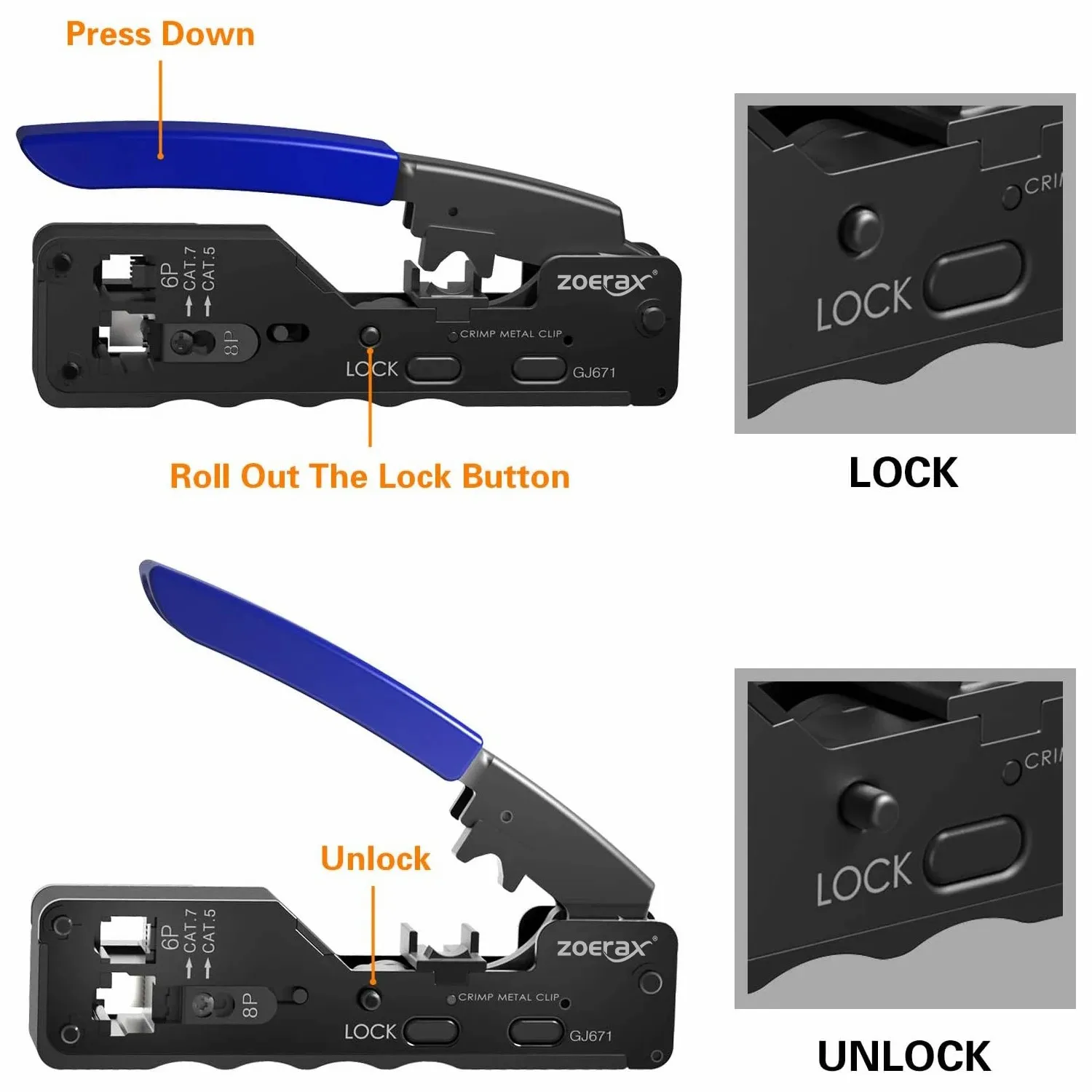 ZoeRax RJ45 Crimping Tool Pass Through, Ethernet Wire Cutter Crimper for Cat7 Cat6A Cat6 Cat5E Cat5 Connectors