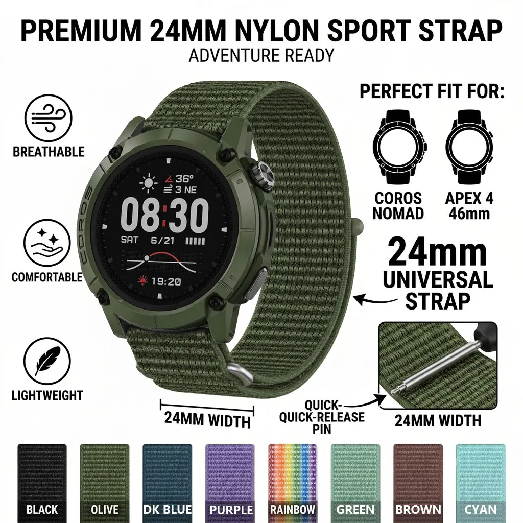 24mm Nylon Sport Watch Strap Quick Release Band For COROS APEX 4 46mm / COROS NOMAD Breathable Replacement Watch Wristband