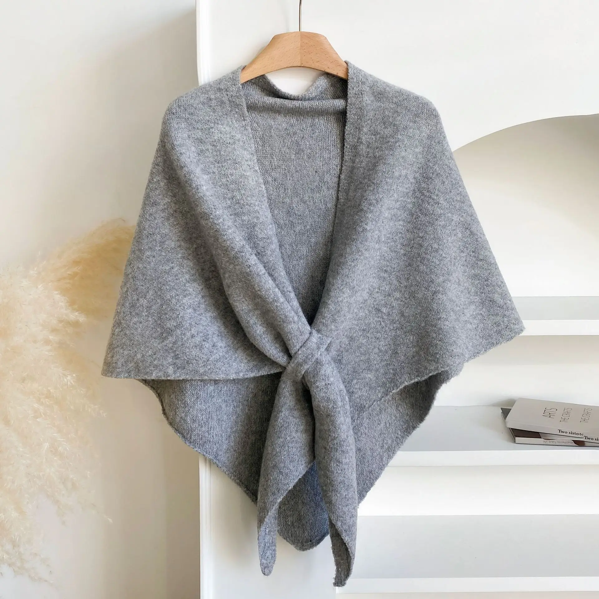 Womens Triangle Knitted Shawl Soft Warm Wrap Scarf Minimalist Solid Color Knit Cape Shoulder Poncho Fall Winter Elegant Cozy