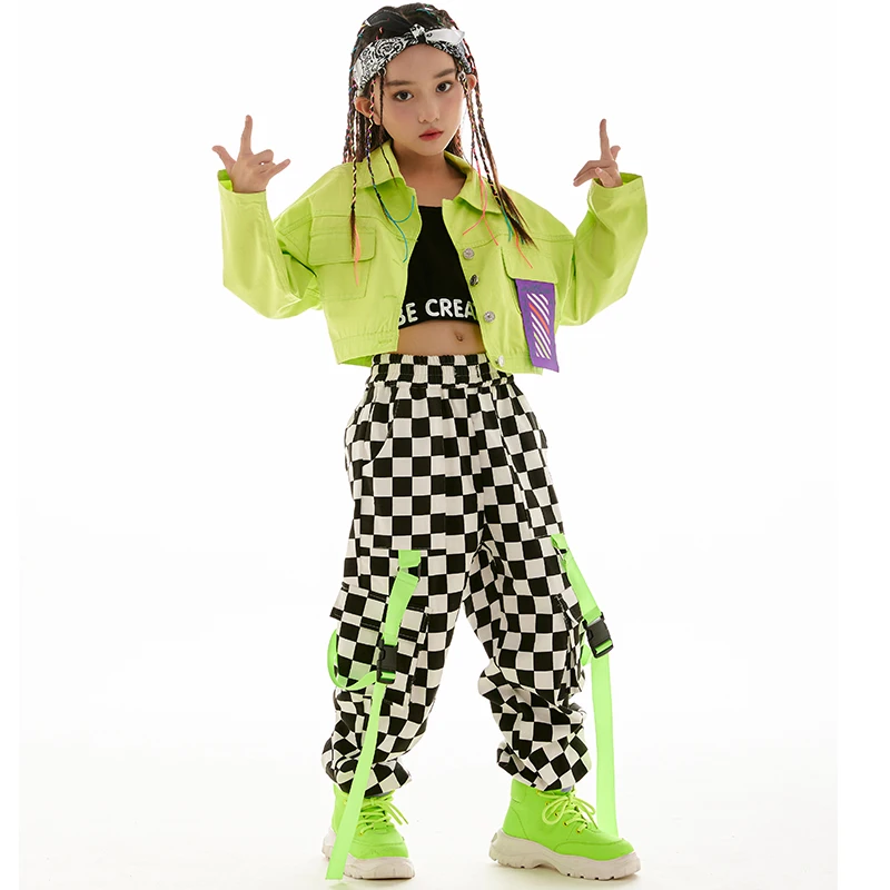 Hip Hop Kostüm Jazz Tanz Kpop Outfit Bühne tragen Mode Mädchen Kleidung grüne Jacke karierte Hosen lange Ärmel Kinder