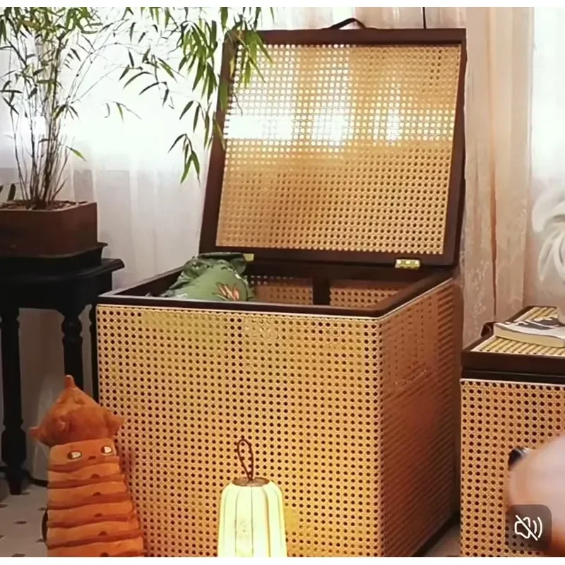 Large Nordic Style Vietnamese Rattan Storage Basket With Lid Solid Wood Woven Home Decoration Organizer Box For Living Room
