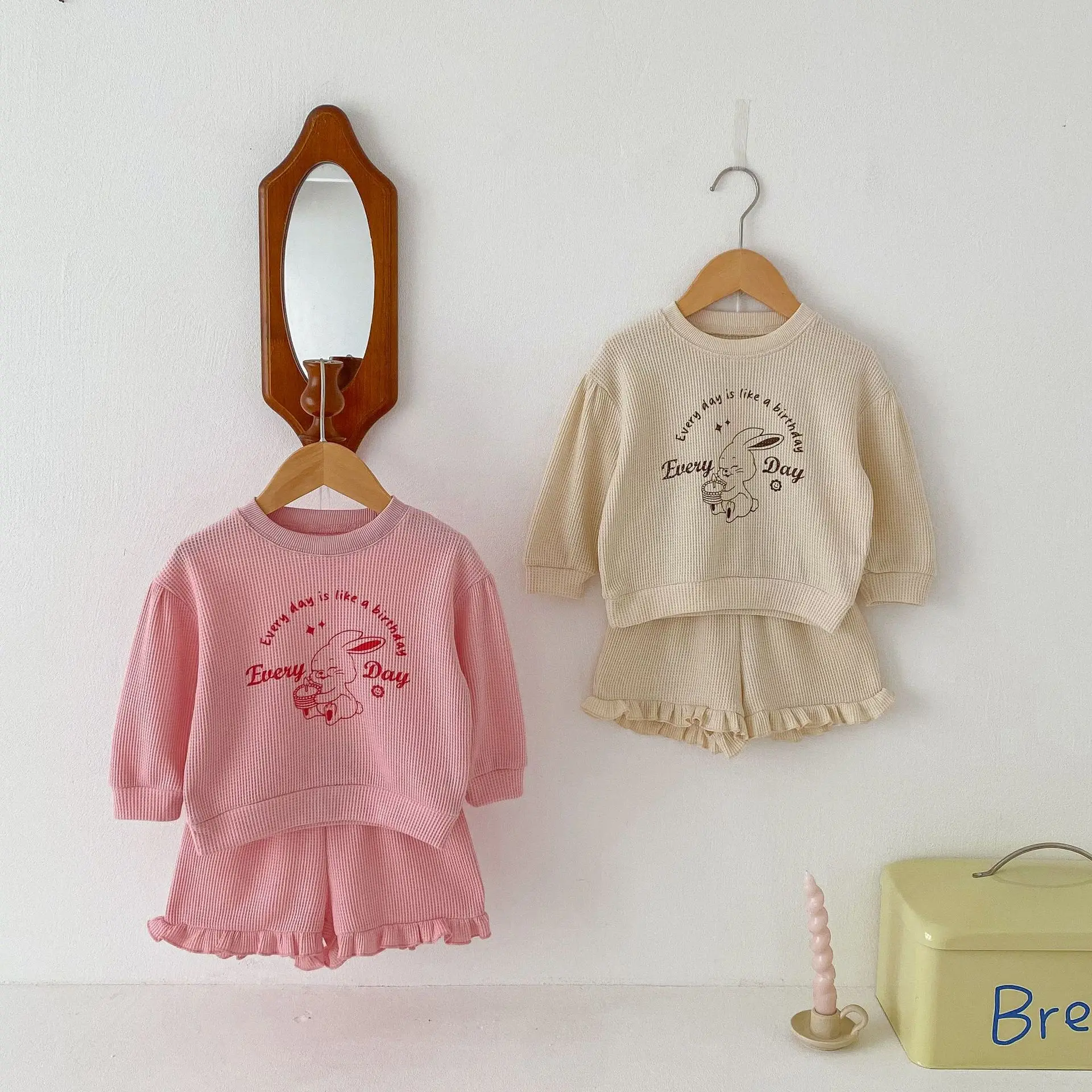 2024 Autumn New Children Long Sleeve Clothes Set Girls Cartoon Letter Print Versatile Shorts Suit Kids Casual Waffle Outfits