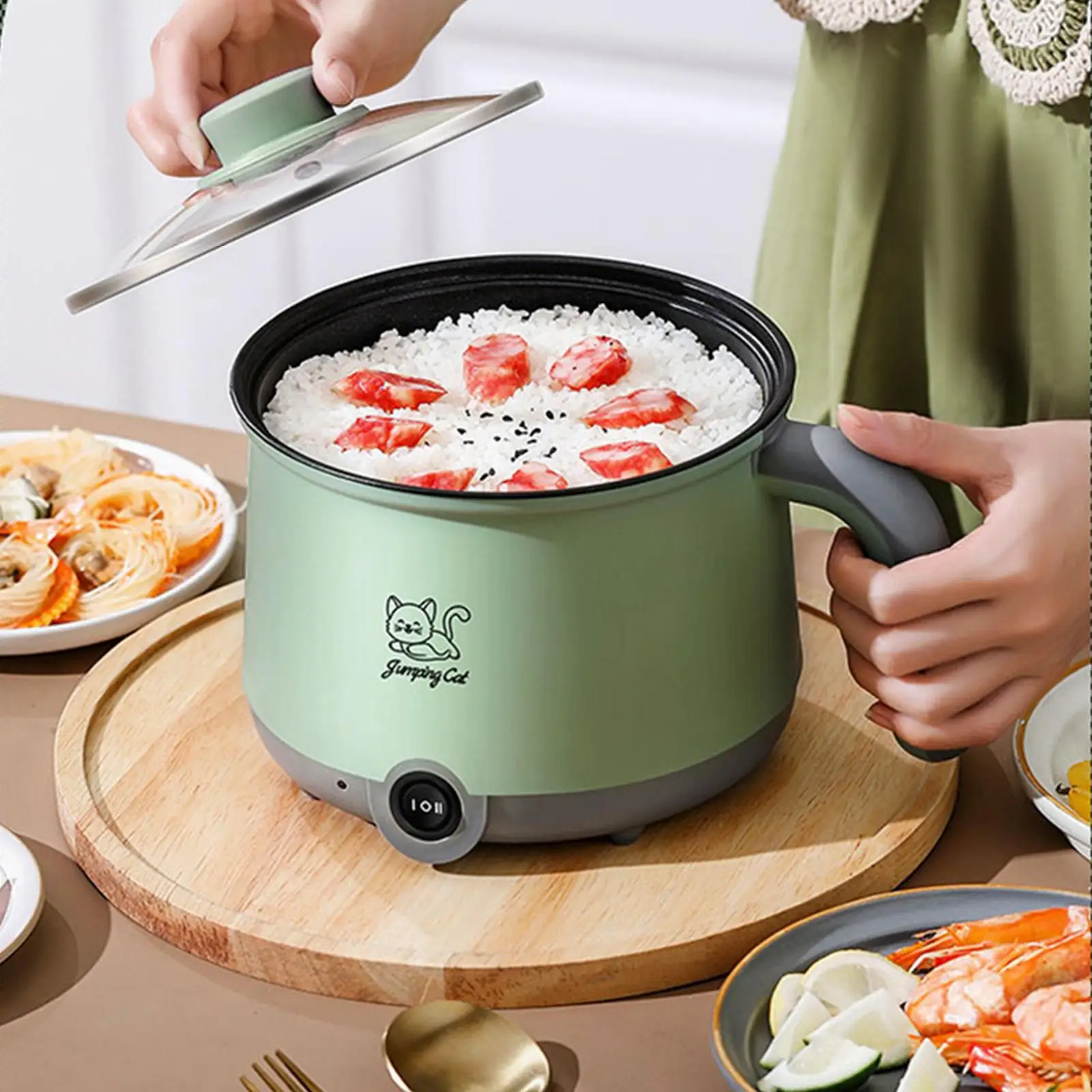 Electric Hot Pot with Steamer Hotpot Ramen Cooker for Fried Rice Ramen Grey Red