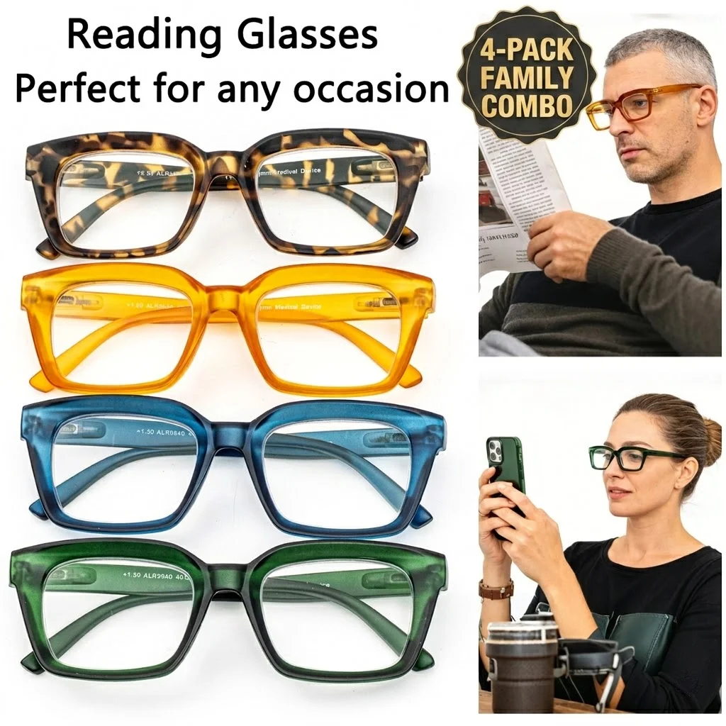 Herren Damen 4er-Pack Lesebrillen in Bonbonfarben Retro Dicke Fassung Vintage Brillen Ultra-Vorteilhaftes Familienpaket Lesebrillen
