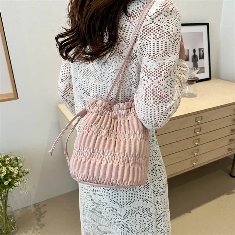 Silver Pleated Drawstring Shoulder Bucket Bags Women Designer Soft PU Leather Small Handbags Female Casual Purse Underarm Bag