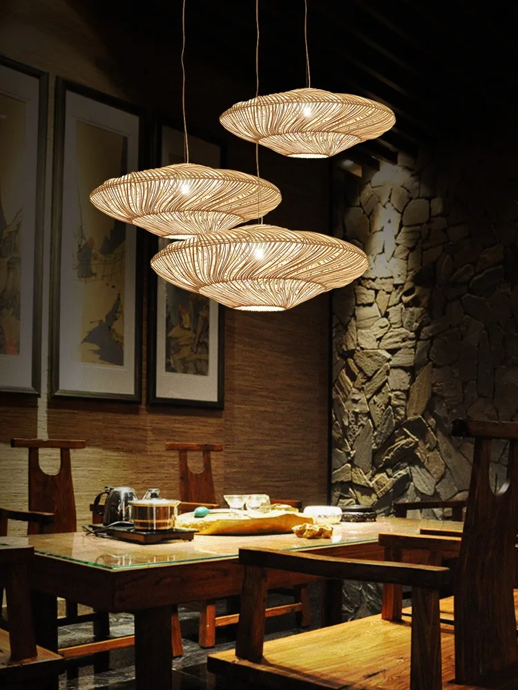 New UFO Shades Rattan Lamp Creative Chinese Style Pendant Lights Suspension Dining Room Restaurant Lights E27 Led Hanging Lamp image 2
