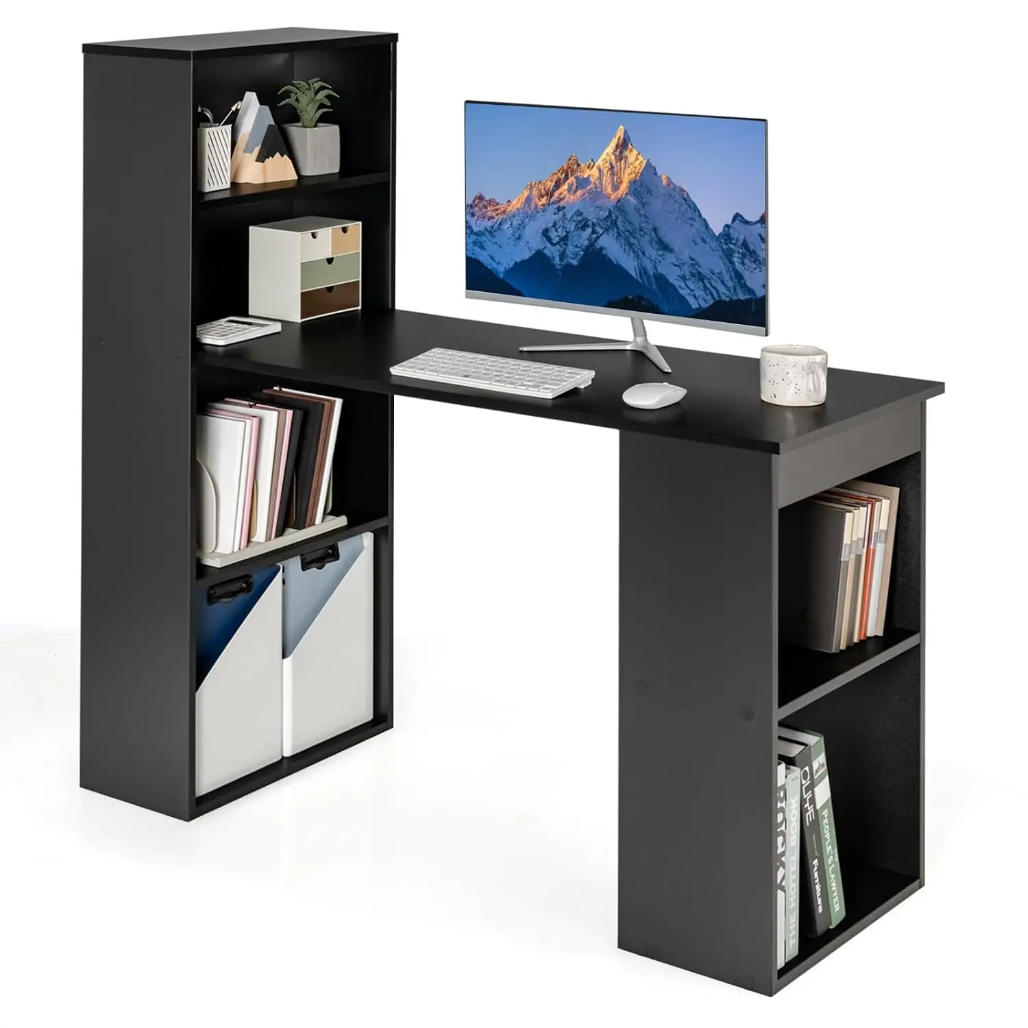 48 Inch Computer Desk with Bookshelf & CPU Stand, 4-Tier Reversible Writing Table for Home Office Bedroom, Customized