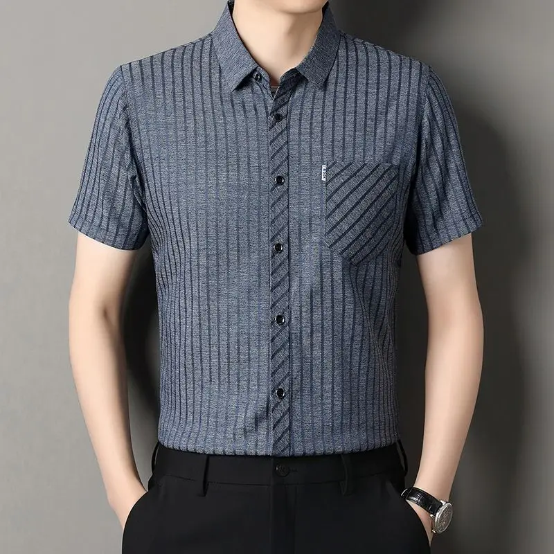 2026 Men's Ice Silk Mulberry Short Sleeve Shirt Breathable Thin Business Casual Lapel Top with Pocket Summer Cool Streetwear