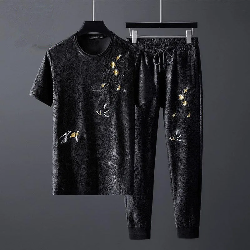 Roupas masculinas verão de alta qualidade luz luxo padrão escuro jacquard bonito calças esportivas de manga curta conjunto de duas peças