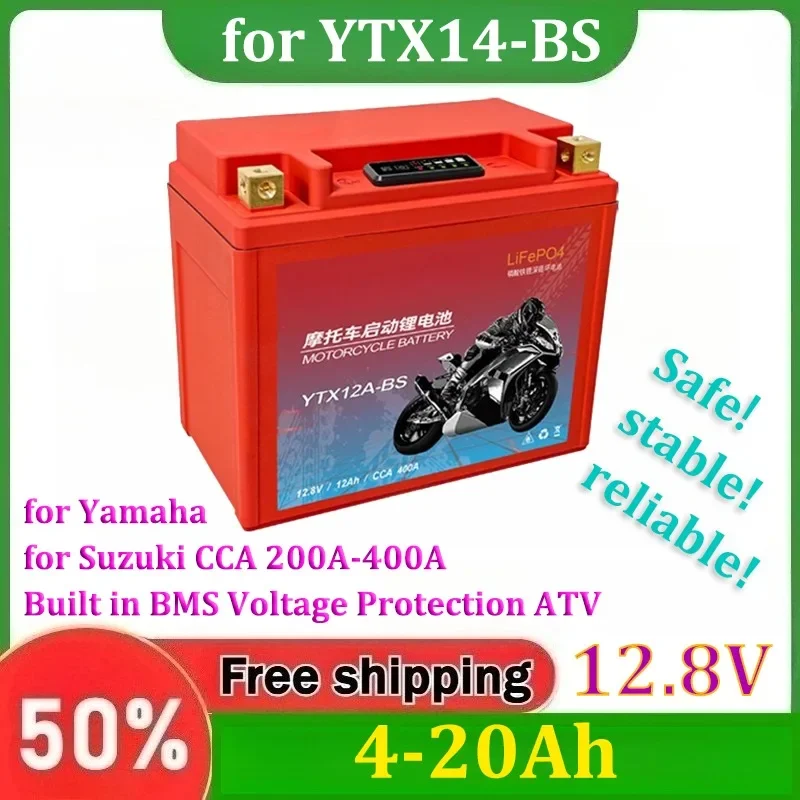 for Yamaha for Suzuki CCA 200A-400A Built in BMS Voltage Protection ATV 12.8V 4-20Ah LiFePO4 YTX14-BS Motorcycle Starter Battery