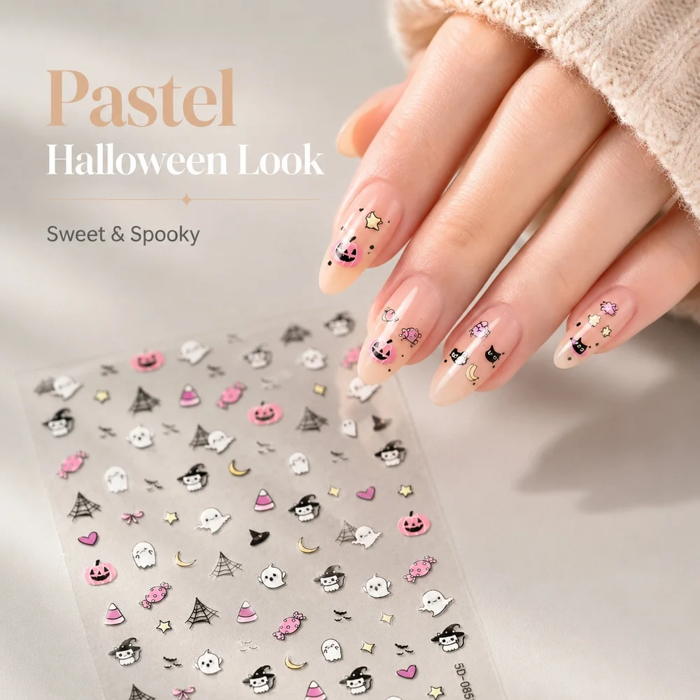 1Pc Kawaii Gothic Halloween Nail Decals Embossed Pink Pumpkin Tiny Ghost Spider Web Waterproof Single Sheet Salon Supplies