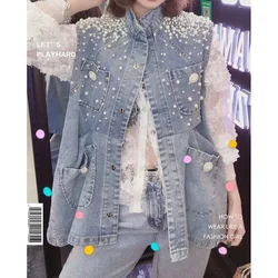 Fashion Heavy Industry Beaded Denim Vest Female Spring Autumn Waistcoat Jacket 2024 New Loose Plus Size Casual Pocket Coat Vests