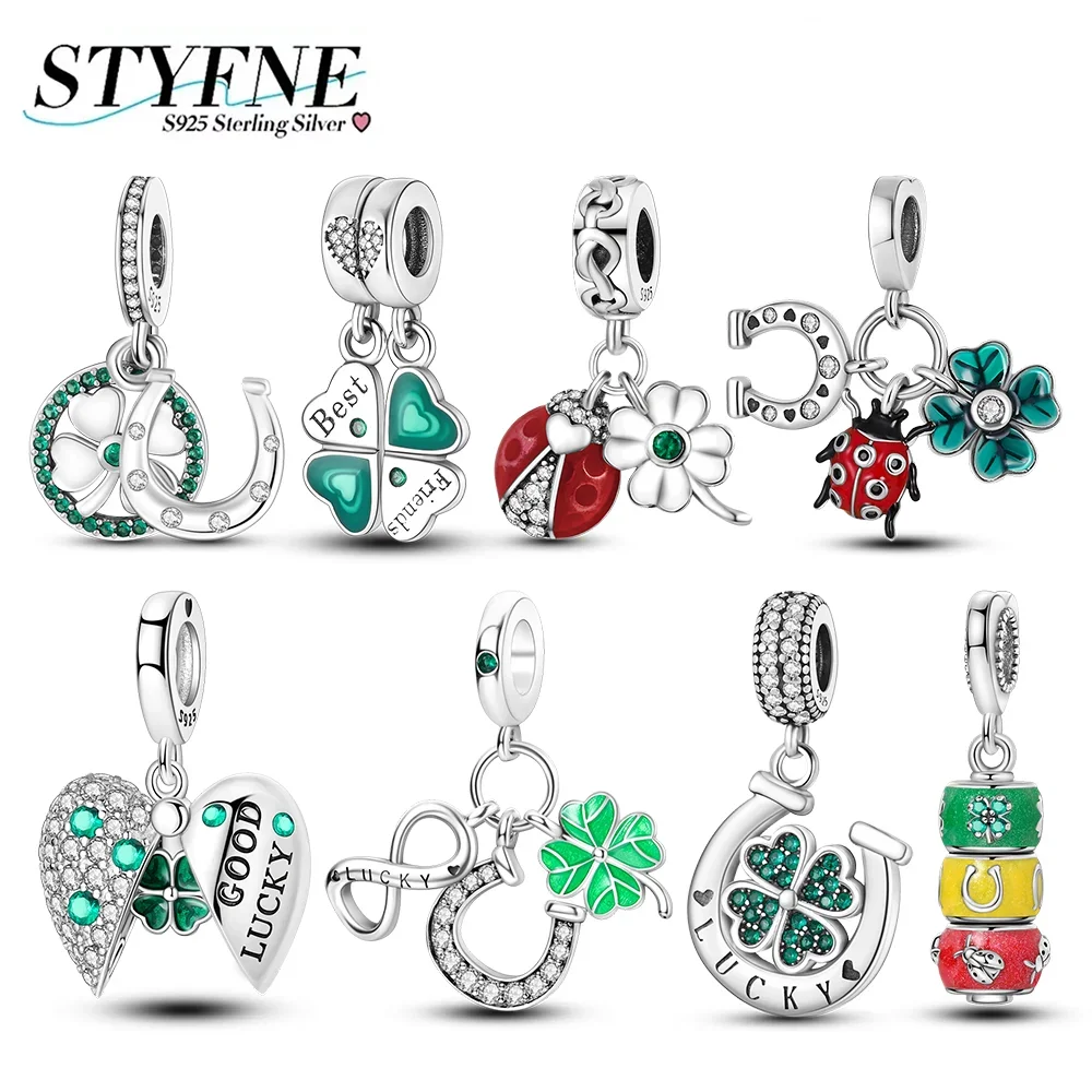 Charms 925 Silver Lucky Grass Ladybug Transfer Beads Pendants Original Bracelet Necklace DIY Jewelry Making for Women Gift