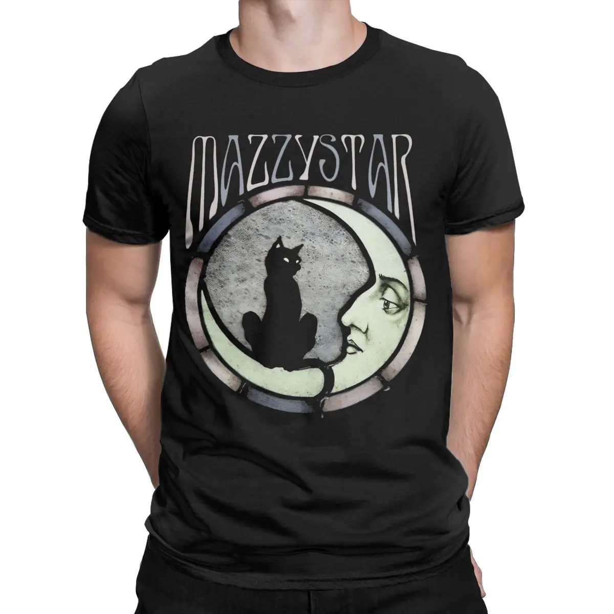 Mazzy Star Moon And Cat Men T Shirt Awesome Tees Short Sleeve Crew Neck T-Shirts Cotton Adult Tops