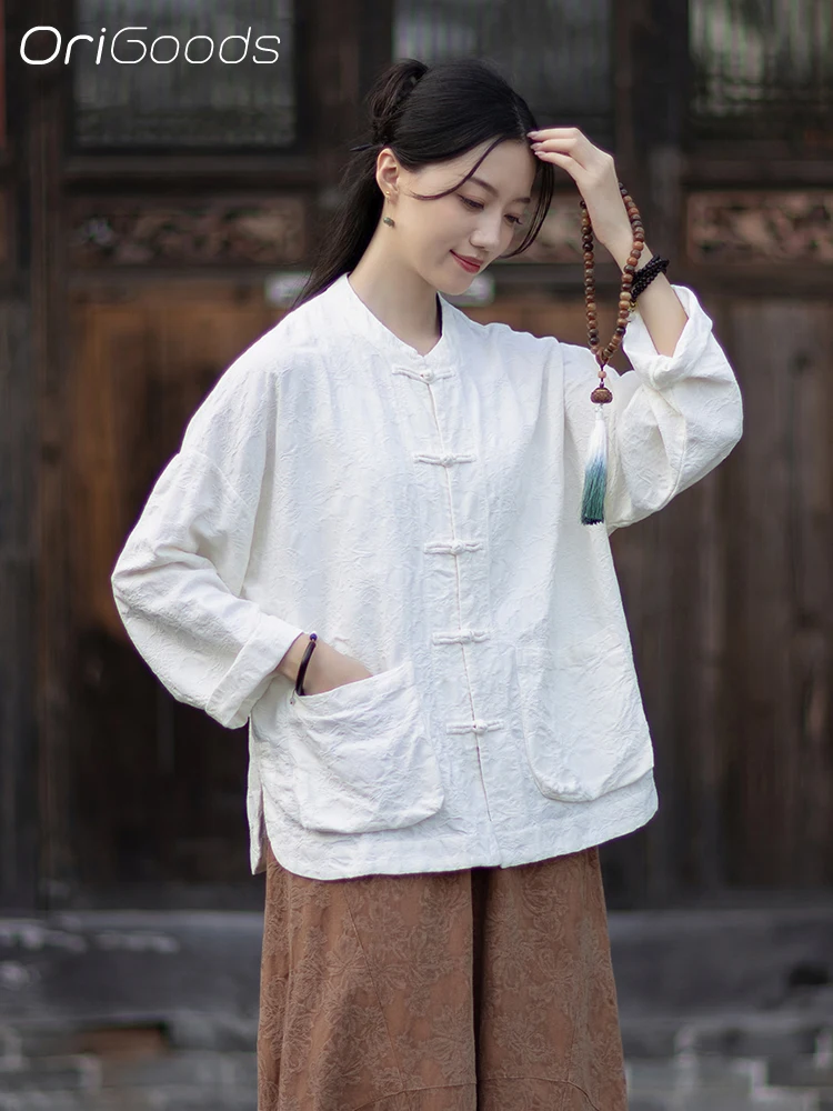 OriGoods JACQUARD Stoff Bluse Baumwolle Leinen Chinesischen Stil Lose Fit Jacquard Kleidung Mantel Herbst Vintage Shirt Frau Top C140