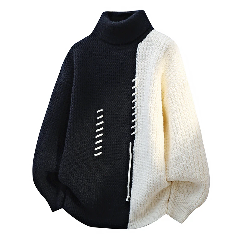 Turtleneck Sweater Men Women Autumn Winter Vintage Splicing Colors Pullovers Fashion Casual Sweaters Loose Men Knitwear Pullover