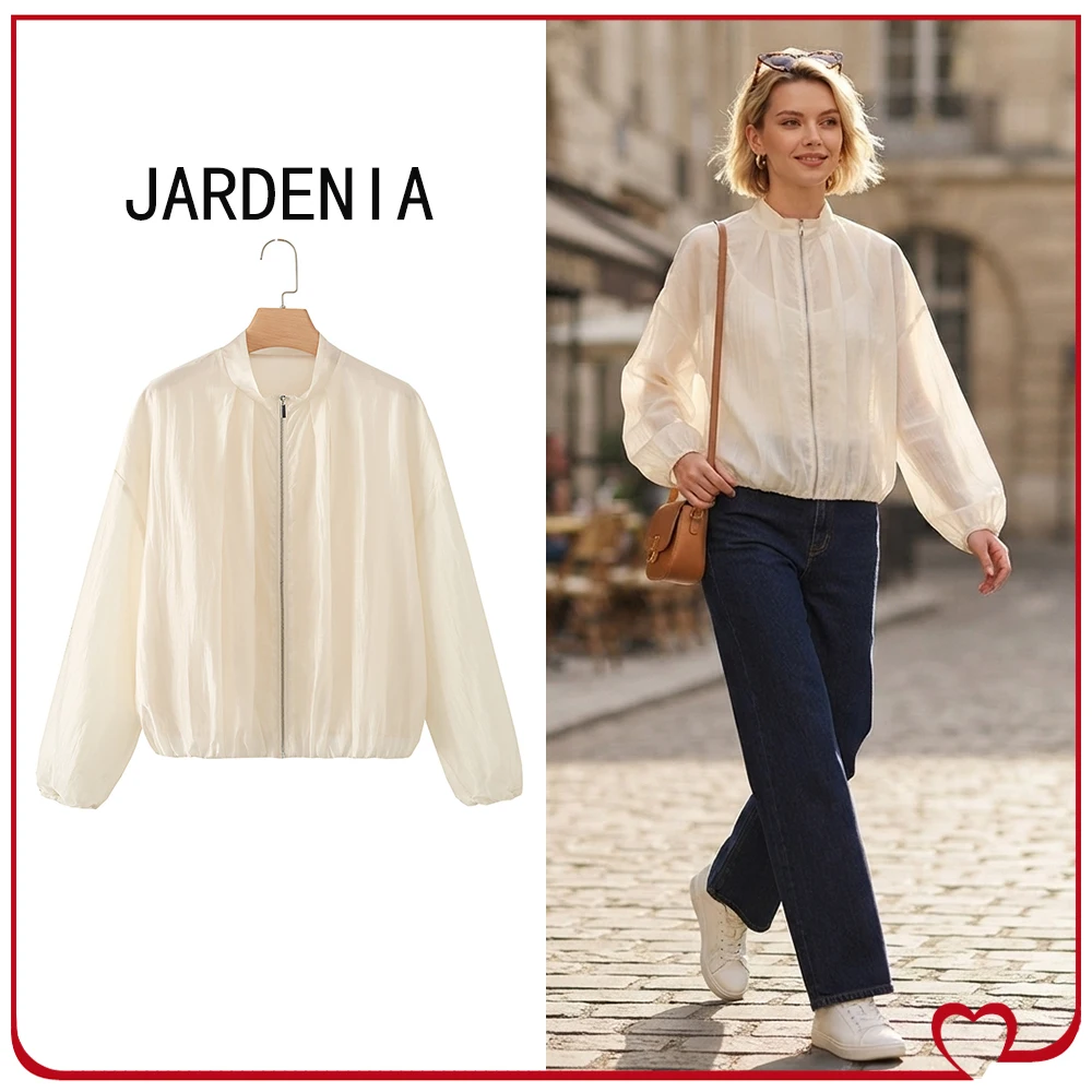 New in Stylish Pleated Bomber Jackets for Women Ecru Zippered Jackets with Concealed Side Seam Pockets Elegant Mock Neck Jackets
