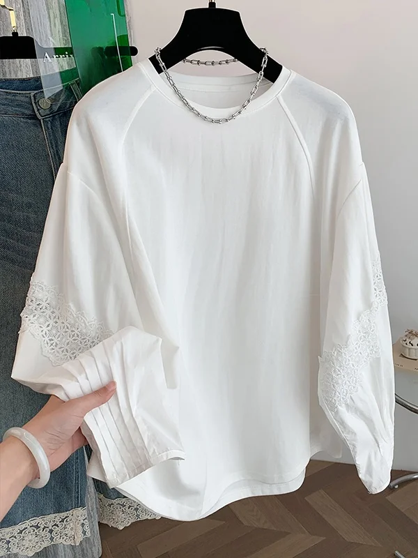 

Heavy Embroidery Lace Hollow Long Sve Sweatirt T-irt Women's Summer Loose Casual round Ne Overhead irt