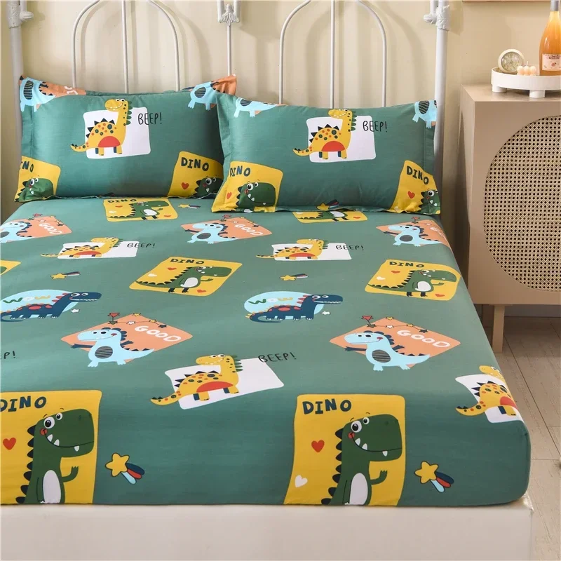 Cute Cartoon Dinosaur Fitted Sheet with Deep Pocket Jungle Animal Bed Sheet for Room Decor Cotton Bed Cover with 2 Pillowcases