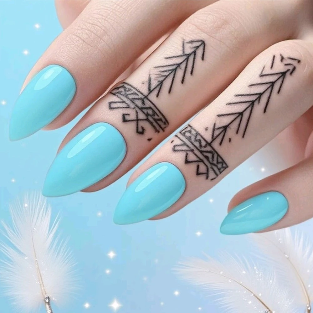

48Pcs Macaroon Blue Fake Nail With Adhesive Artificial Press On Nails Short Stiletto Shaped DIY Woman Fingernails Manicure Tool