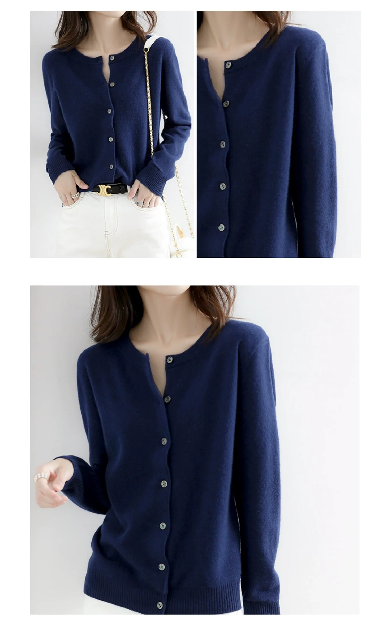 Neuer, locker geschnittener Pullover im koreanischen Stil für Damen, ideal für Frühling und Herbst, mit Rundhalsausschnitt, modisch und elegant, als lässige Arbeitskleidung oder Oberbekleidung geeignet, weiche und bequeme Strickjacke, einreihiger Mantel mit langen Ärmeln. – Detail 6