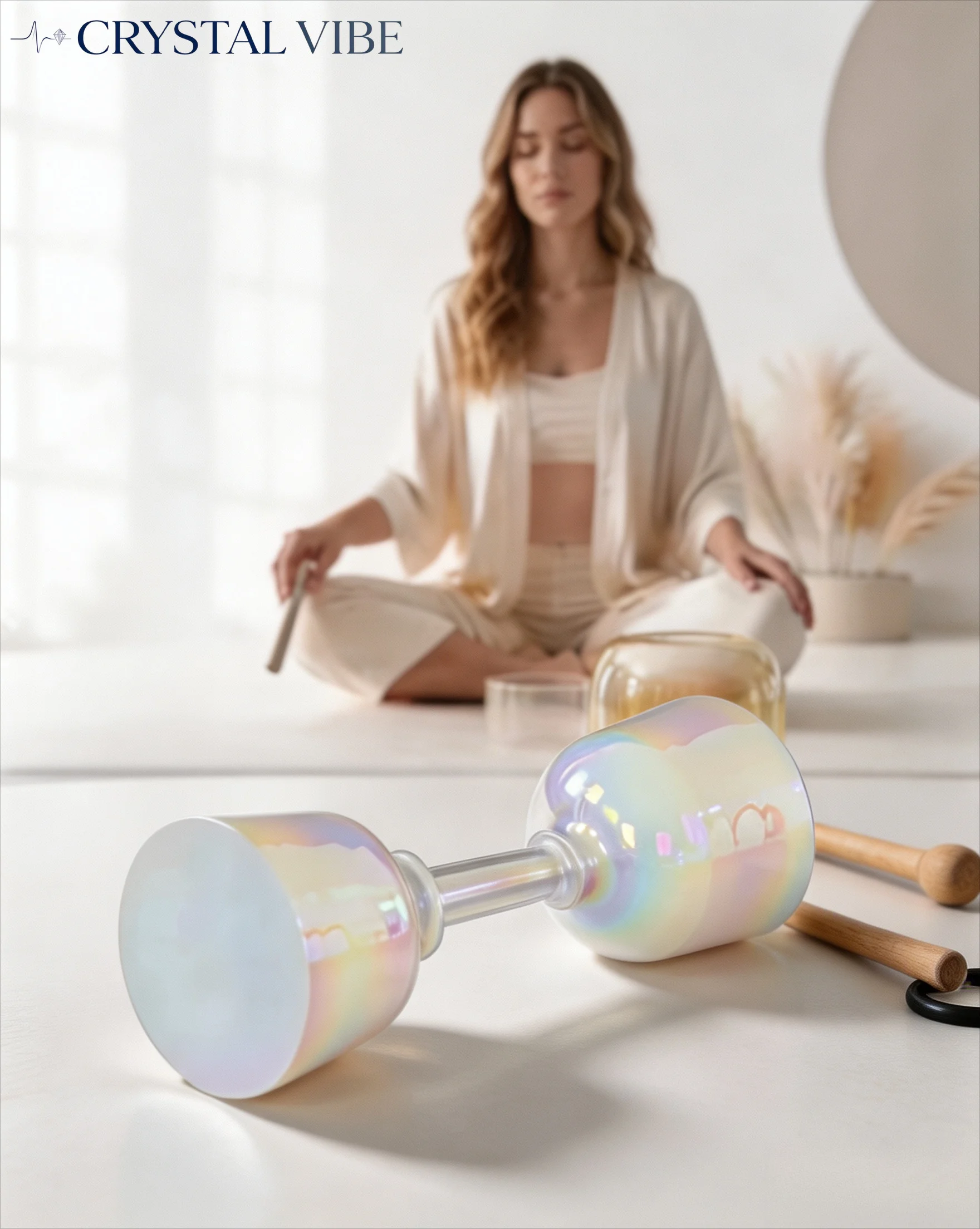 CRYSTAL VIBE  432Hz Colorful Clear Double Headed Cosmic Light Crystal Hand-held Singing Bowls Comes with Mallet
