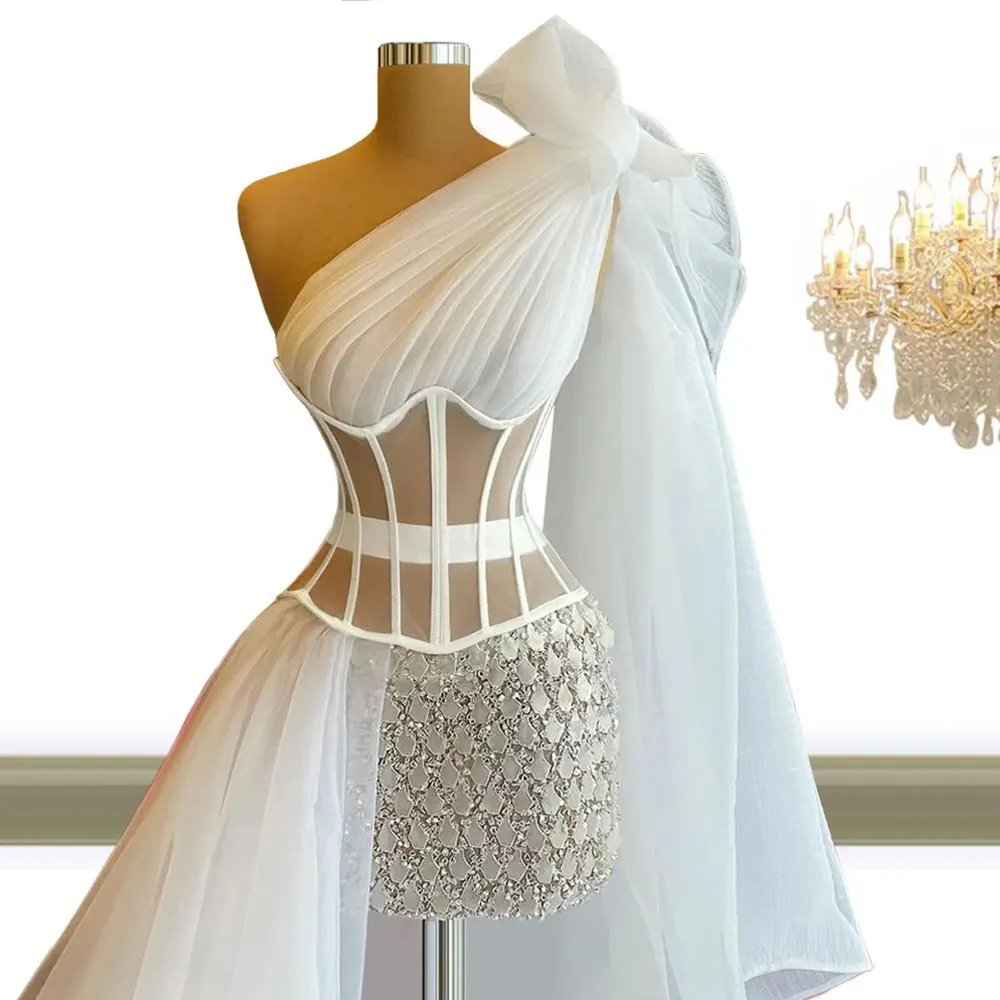 Vestidos de casamento curtos de sereia ilusão marfim, vestidos de baile de um ombro, costas com cordões, mini vestidos de casamento