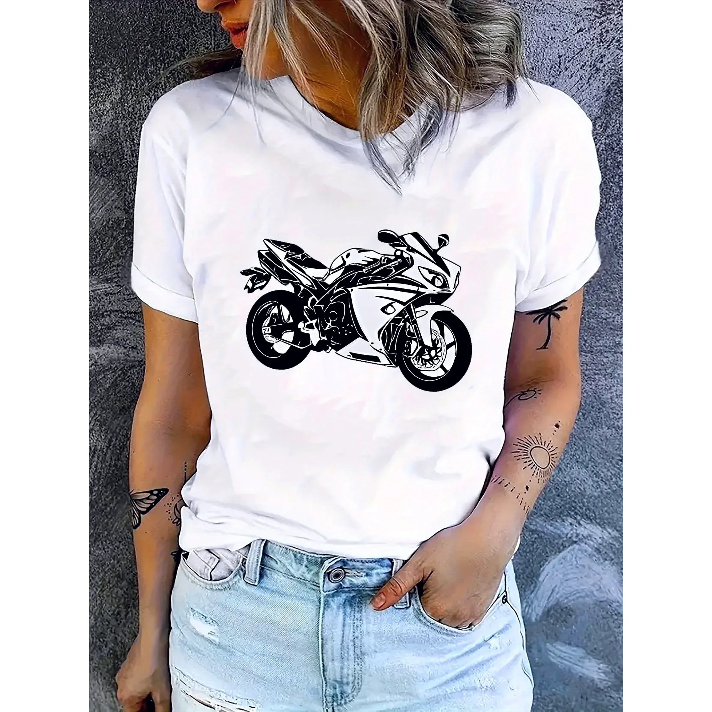 Women'S Casual Crew Neck T-Shirt with Geometric Motorcycle Print Summer Short Sleeved Harajuku Streetwear Cool Y2k Tops Tees