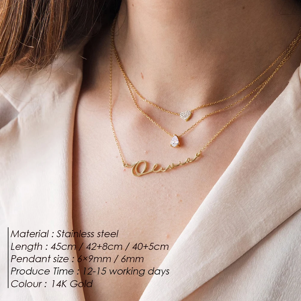 eManco High Quality Stackable Name Necklace Stainless Steel Diamond Heart Pendant Personalized Monogrammed Accessories