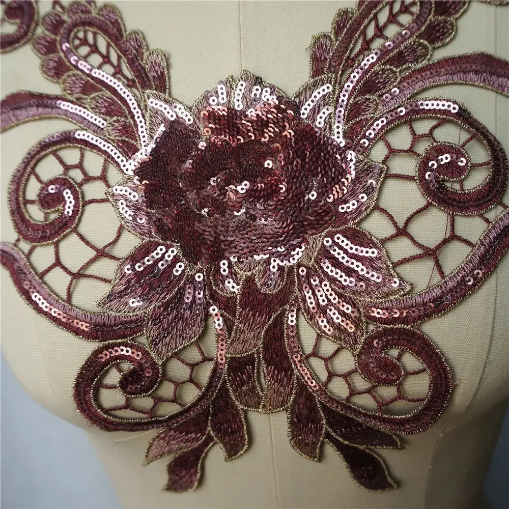 Pale Mauve Sequin Flower Collar Embroidered Gown Appliques Lace Fabric Net Sew On Patches For Wedding Decoration Dress DIY