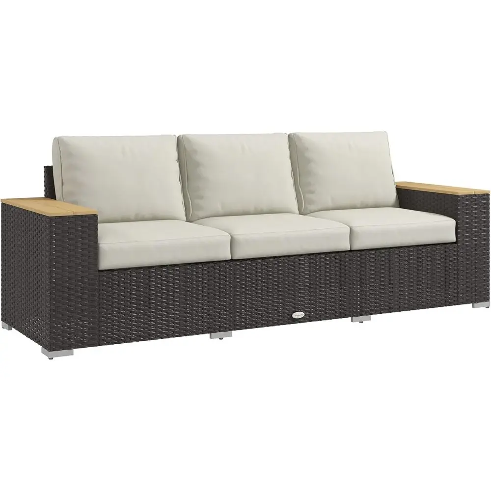 

24.5 Wide Seat Outdoor 3-Seat Sofa with PE Wicker, Wood Armrests, and 4 Cushions for Patio, Garden, and Poolside in Beige