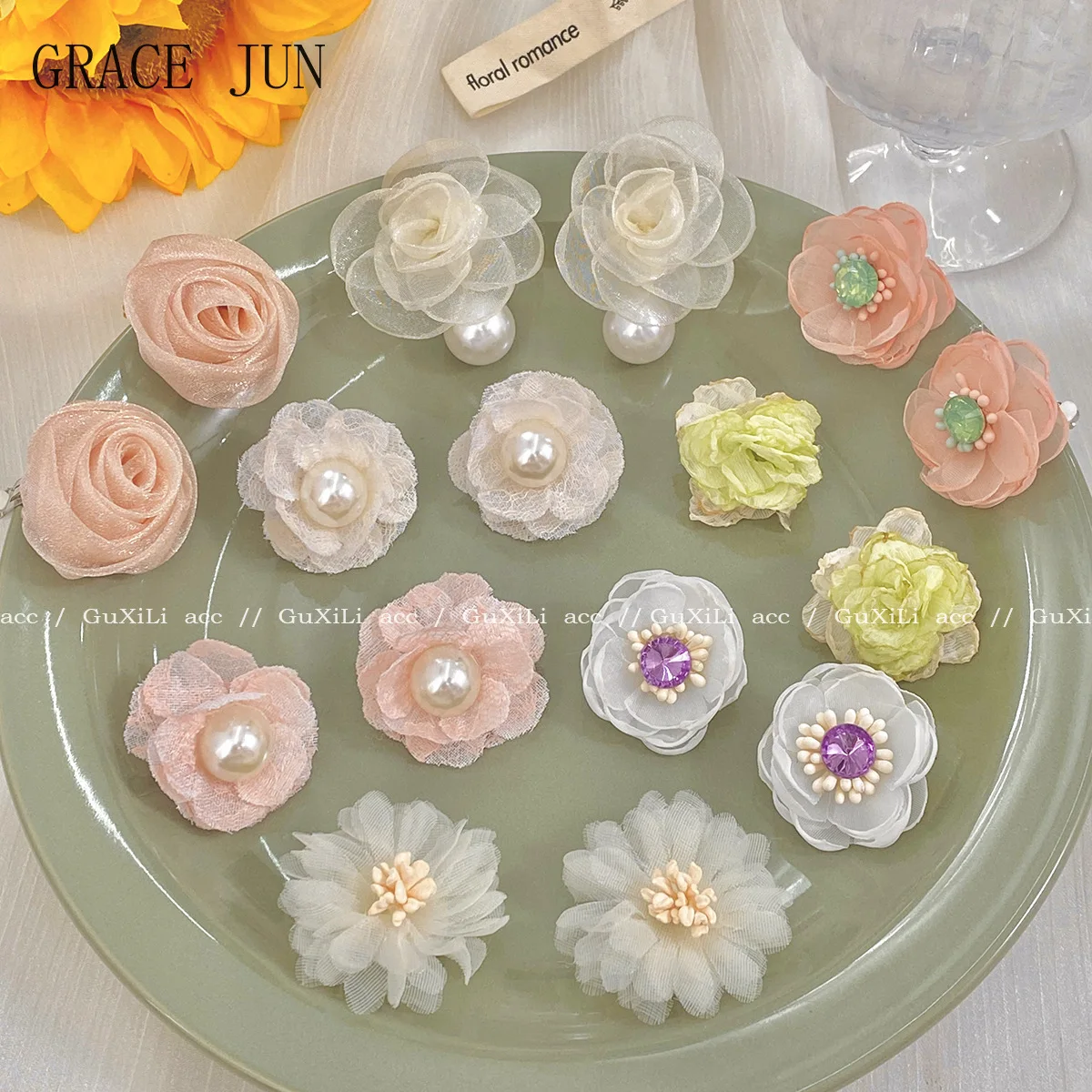 French Romantic Chiffon Lace Flower Clip on Earrings Female Fashion Cuff Earrings Temperament Camellia Fake Pierced Earrings New