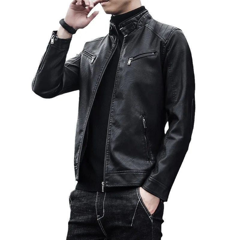 Spring and Autumn men's PU leather jacket Korean casual men's standing collar slim fit motorcycle leather jacket PU jacket men's