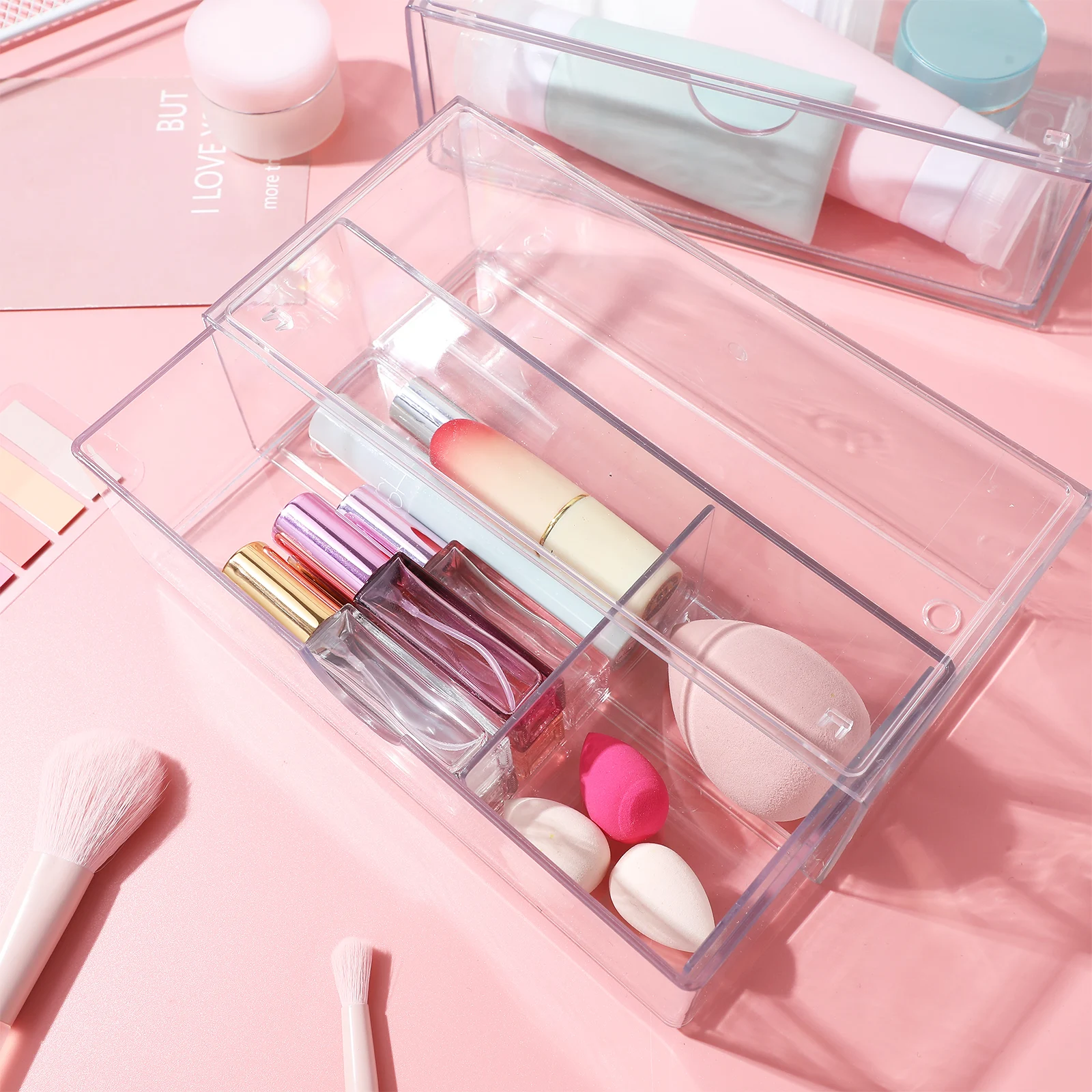

3Pcs Clear Makeup Organizer Storage Box Lipstick Holder Lidded Vanity Desktop Container Cotton Pad Case