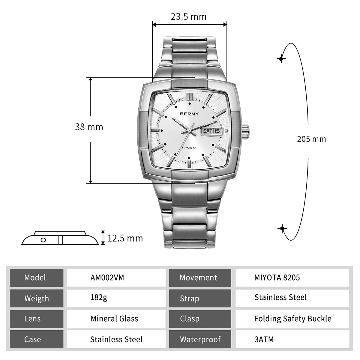 BERNY Automatic Men Watch Self-wind Pillow Cushion Luminous Wristwatch for Men Stainless steel Date-Day Calendar Watch for Men