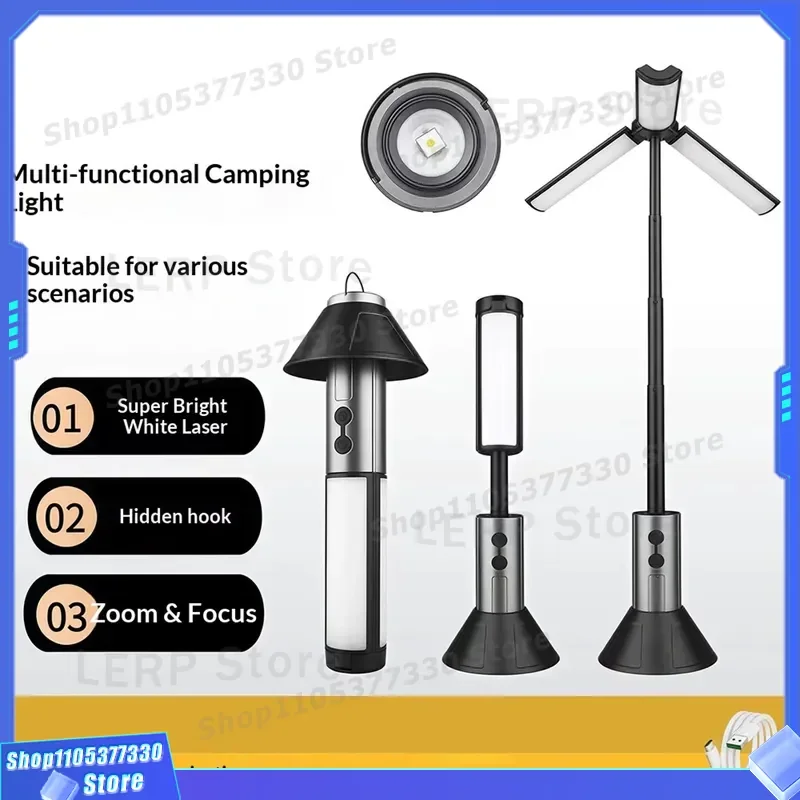 Rechargeable LED Camping Lantern 2 in 1 Telescopic Flashlight with Bracket Waterproof Outdoor Tent Light 270 Degree