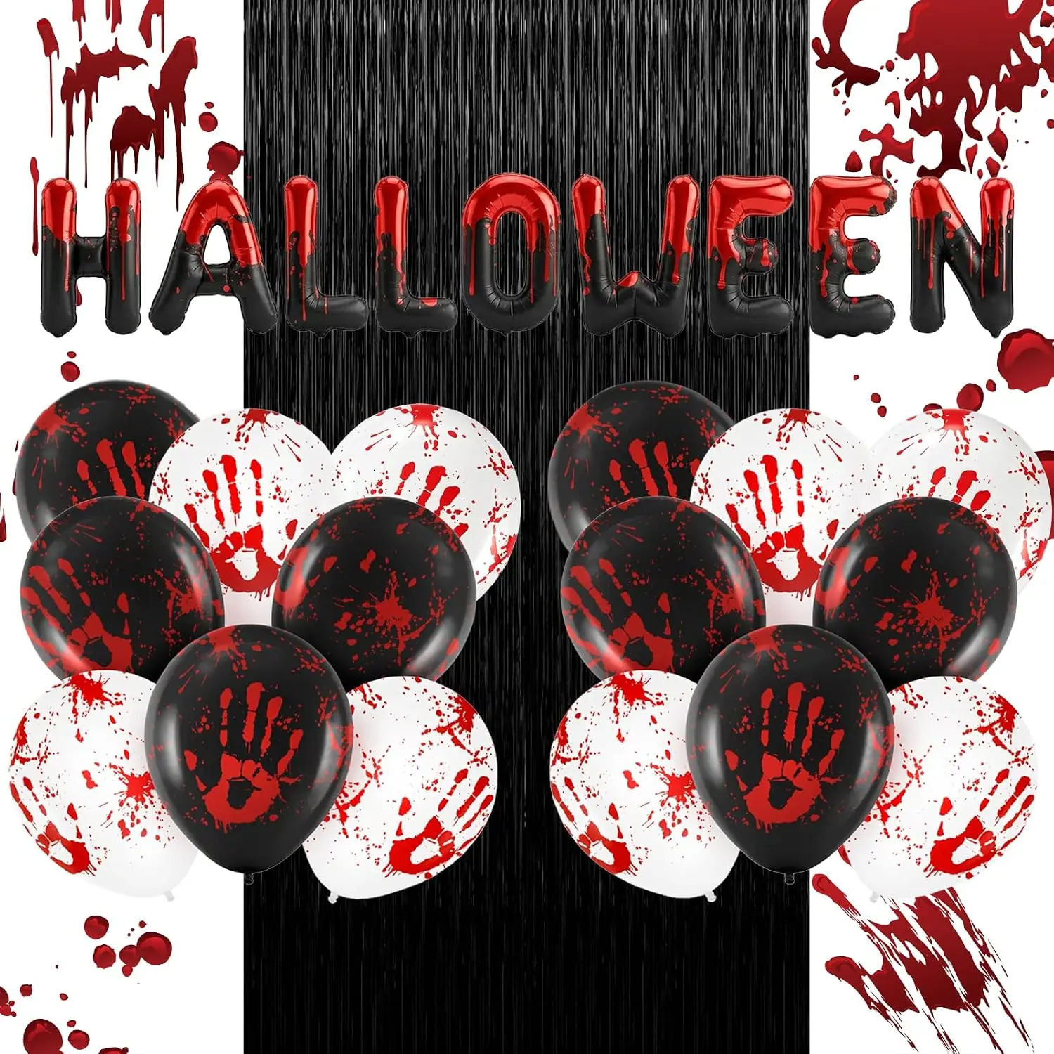 26Pcs Halloween Bloody Balloons Black White Red Blood Splatter Balloons, Glitter Foil Fringe Curtains Backdrop Balloons Horror Themed Party Decoration Supplies