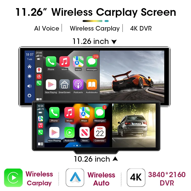 Universal 11.26 Inch 4K 3840*2160 Car DVR Multimedia Wireless Carplay & Android Auto BT AUX for MP5 Player Monitor Screen