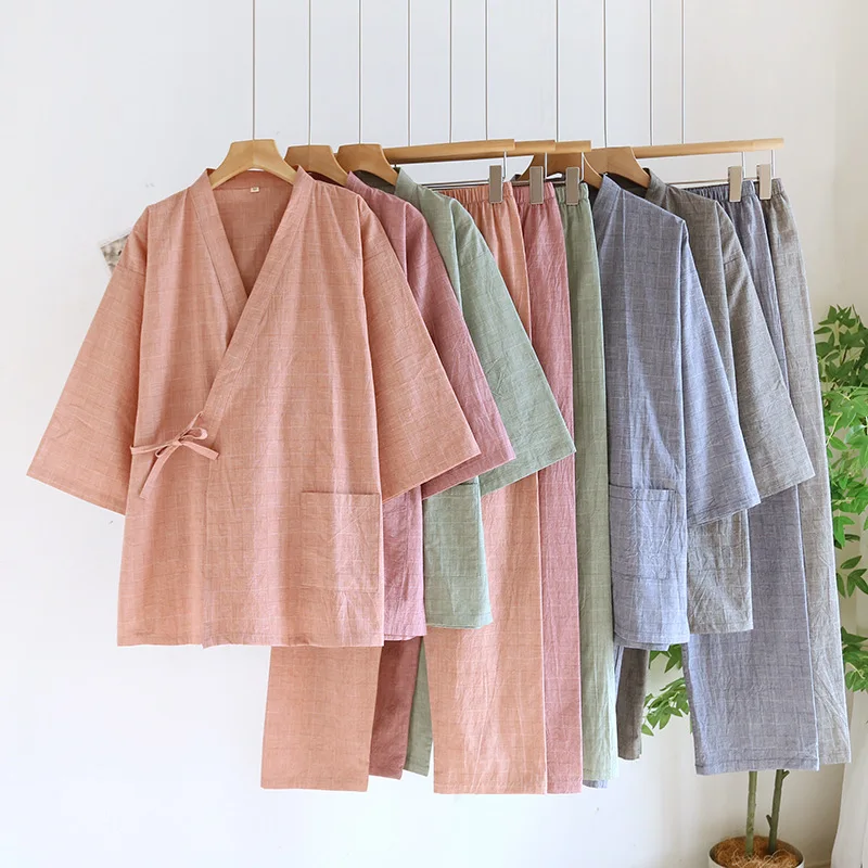Couple Cotton Kimono Robes Pants Pajamas Clothes Thin Spring and Autumn Home Clothes Loose Casual Men Robe Sets