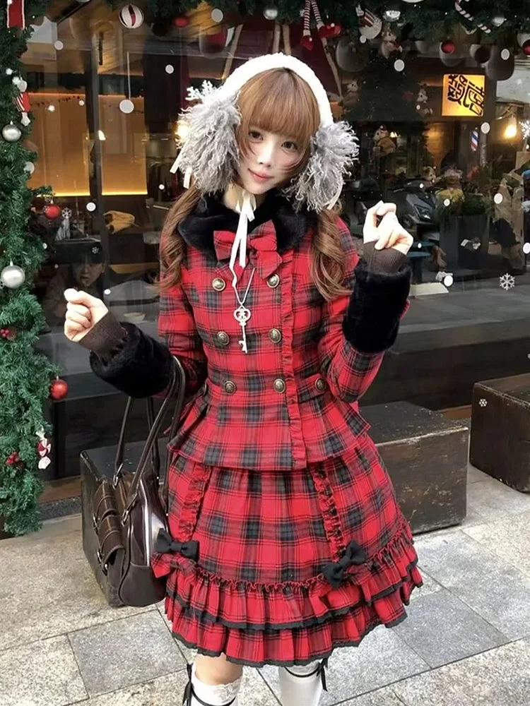 Weihnachten Neujahr Lolita 2-teiliges Set Japanischer eleganter Damen-Wollmantel mit Schleife, modischer Minirock, Herbst- und Winter-Retro-Kleidung
