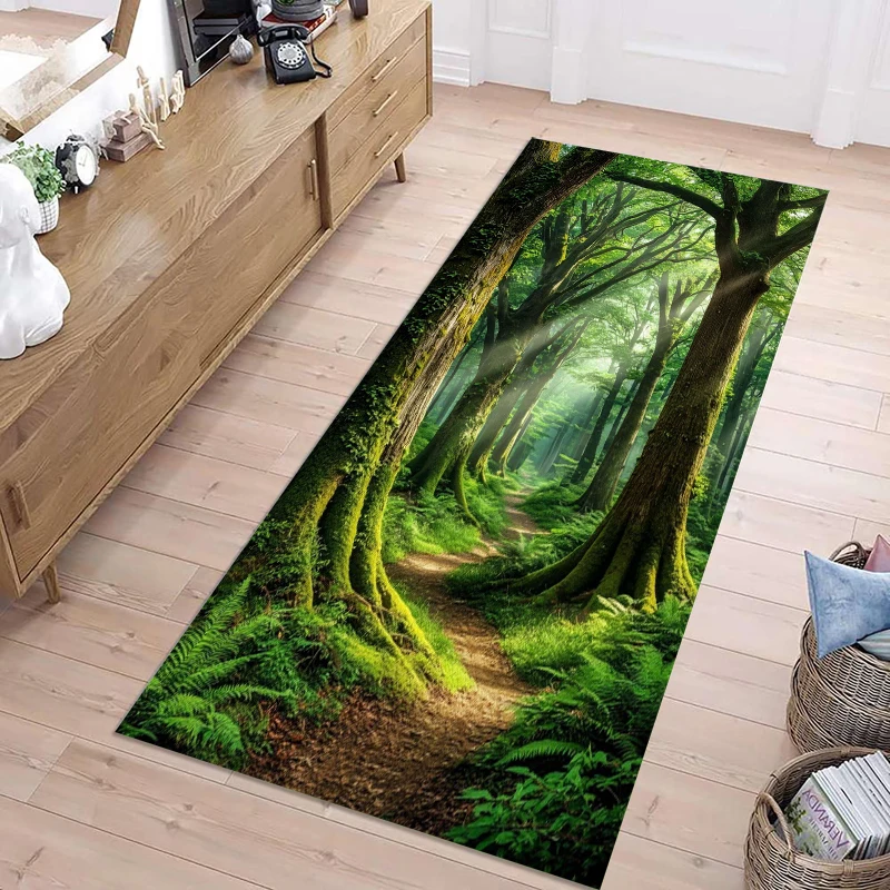 Tapis de couloir en feutre antidérapant et résistant à l'usure, motif peinture à l'huile naturelle « Chemin de marguerites dans la forêt verte », pour couloir long et cuisine