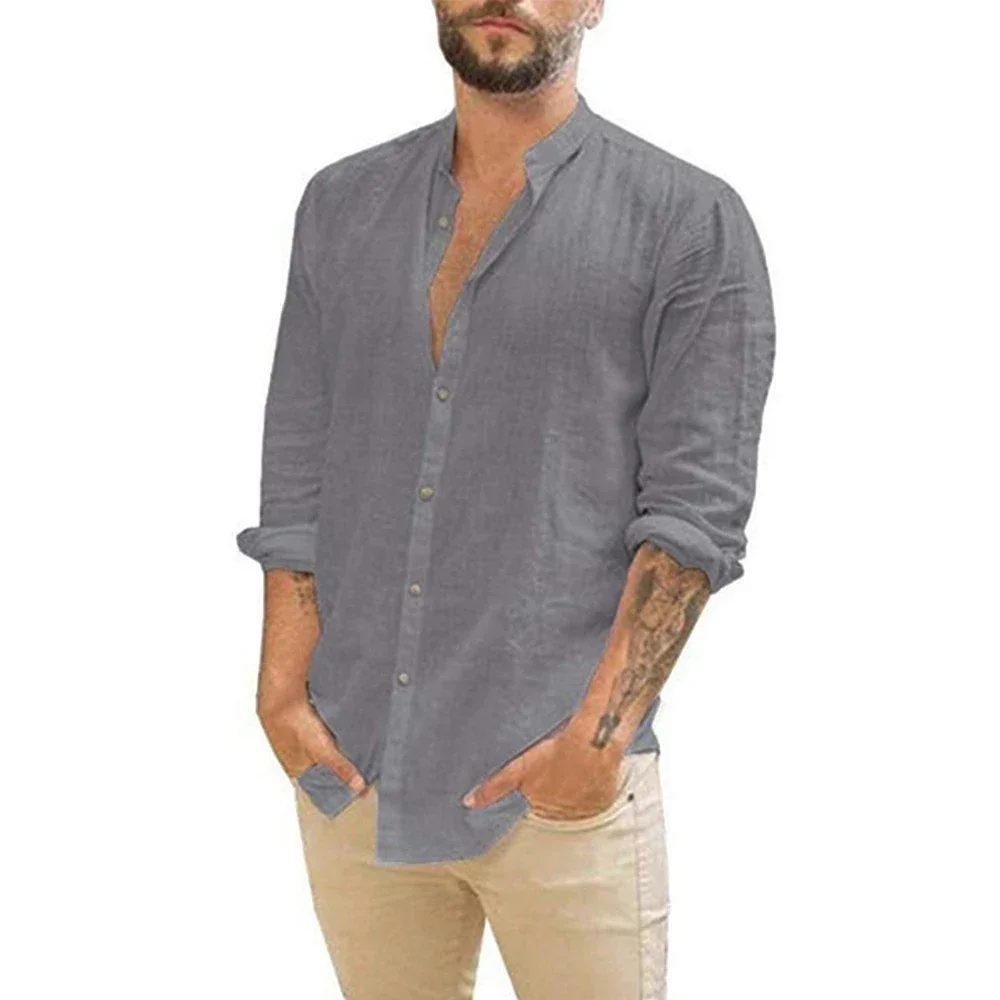 Cotton Linen Men's Long-Sleeved Shirt Solid Color Stand-Up Collar Casual Beach Style Plus Size