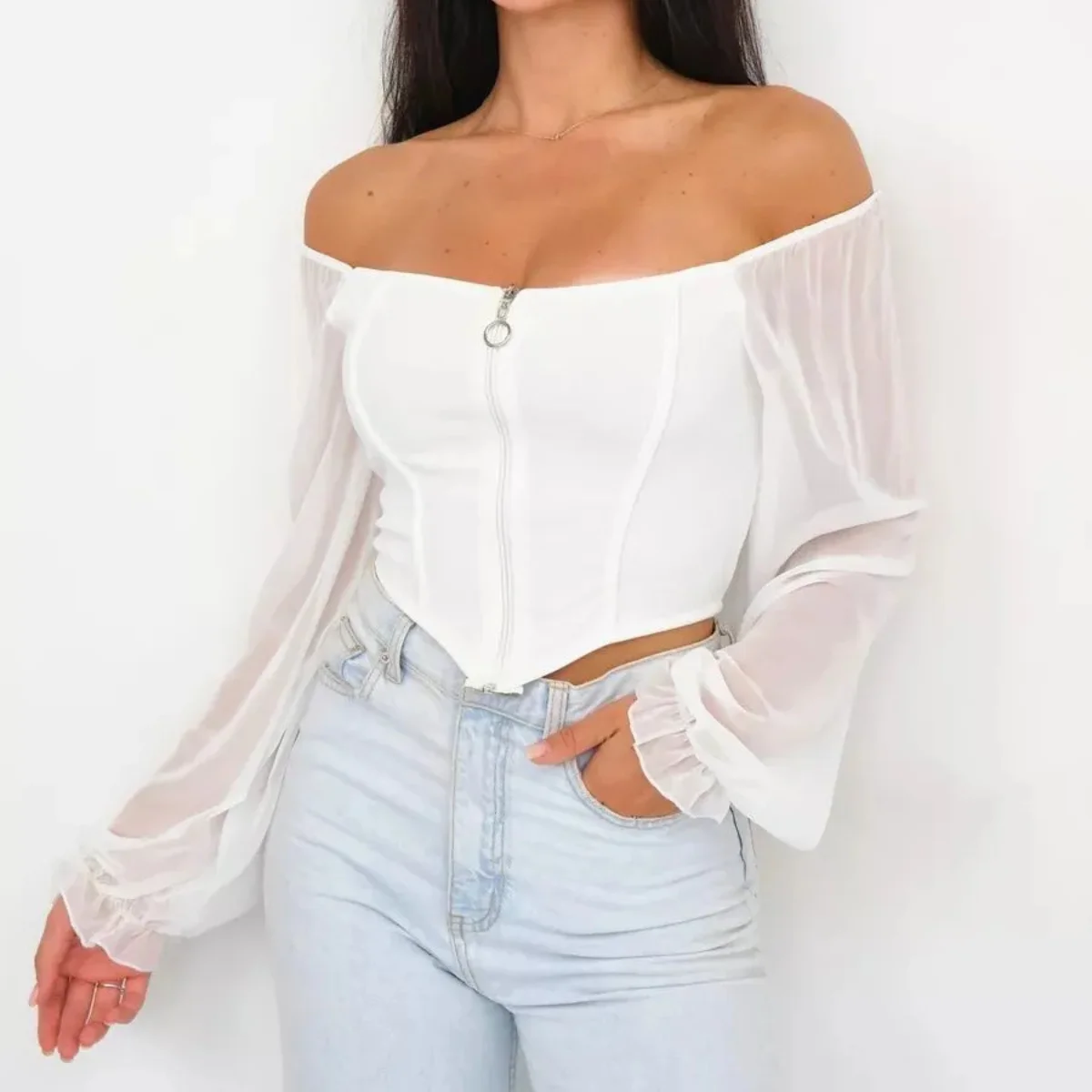 Square Collar Chiffon Tops Women Solid Color Lantern Sleeve Cardigan Zipper Go Out Wear Fit Camisole Sexy Vest Fashion Clubwear