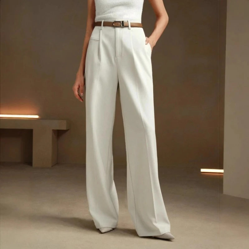 Autumn and Winter Fashion Women's New Commuter High-waisted Trousers Versatile White Straight Mopping Floor Drape Suit Pants