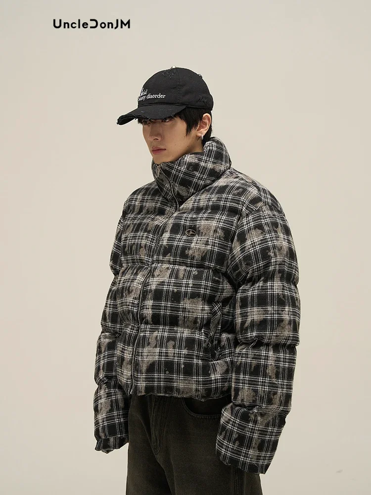 Plaid Puffer Jacket for Men\'s Bread Jacket High Street Coat Men Y2k Parka Hip Hop Men Clothing