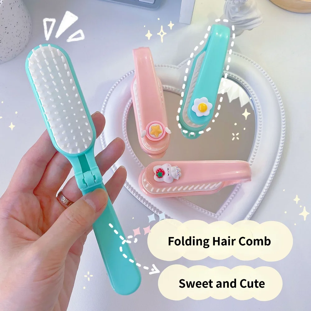 Strawberry Rabbit Travel Hair Comb Portable Folding Hair Brush without Mirror Compact Pocket Size Purse Travel Comb Styling Tool