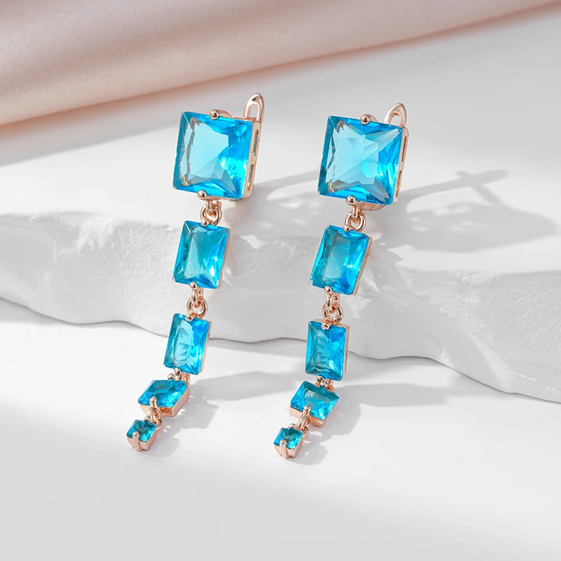 SYOUJYO Sparkling Blue Natural Zircon Long Earrings For Women Party Fashion Jewellery 585 Rose Gold Color Dangle Earrings