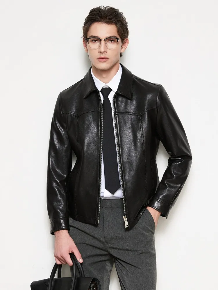 Mens High Quality Sheepskin Genuine Leather Jacket Slim Fit Business Casual Short Coat Zipper Turndown Collar Punk Outerwear