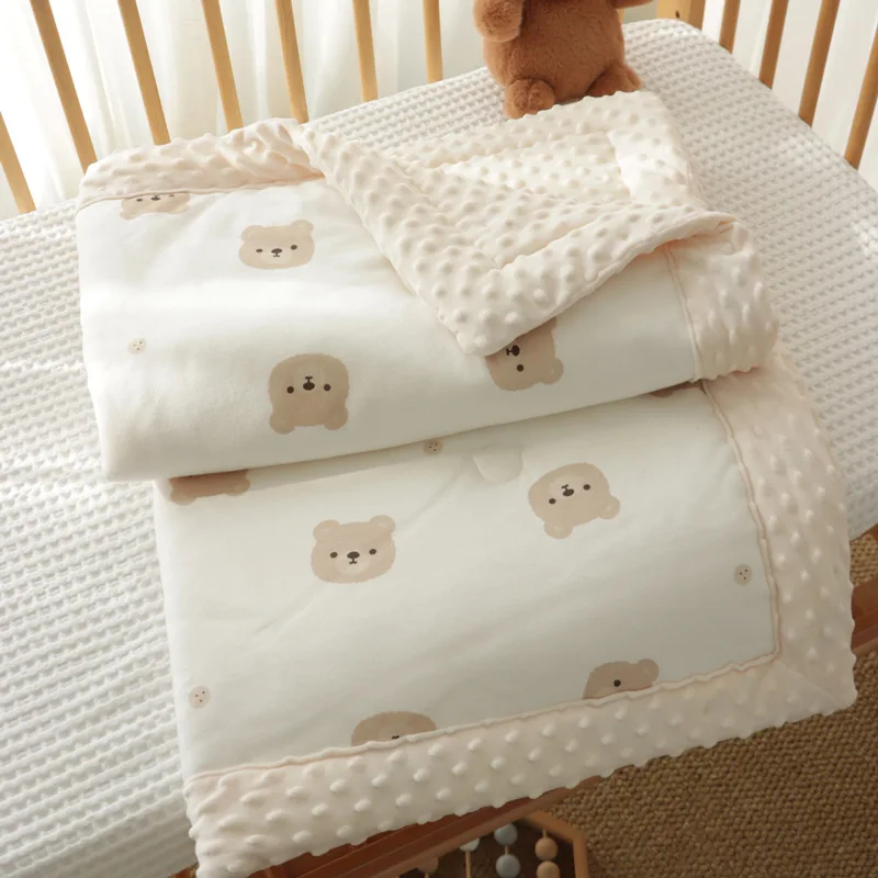 Winter Thick Embroidered Bear Rabbit Cotton Baby Duvet,Newborn Thermal Comforter, Infant Baby Crib Soft Blanket with Filler